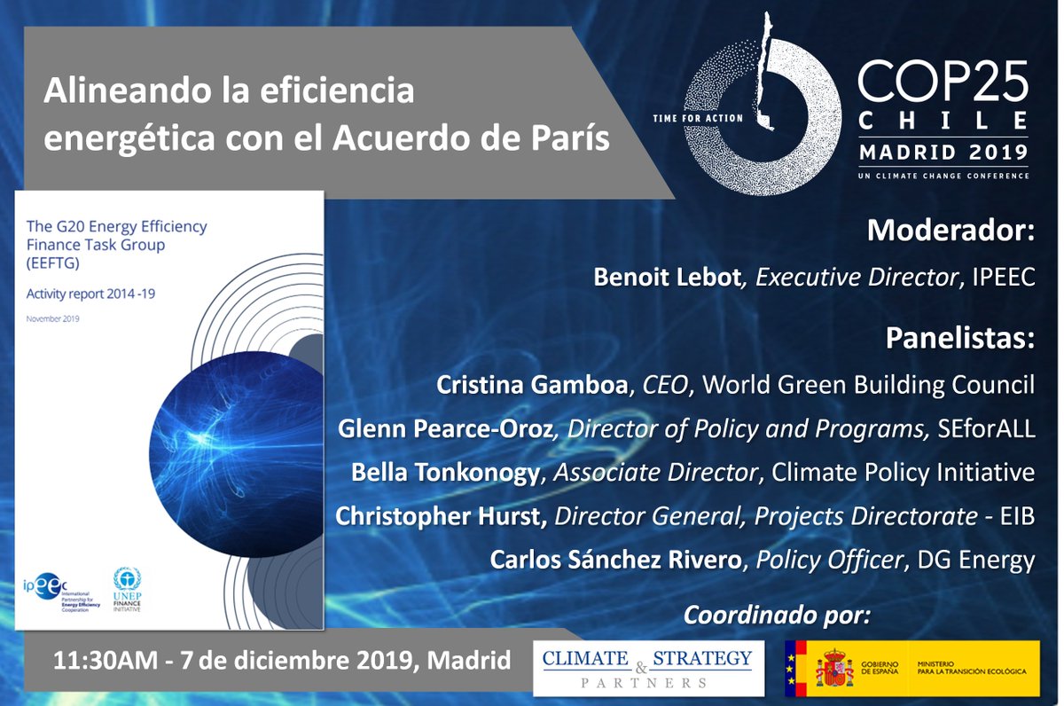 Como mencionamos en la session de <a href="/iccwbo/">International Chamber of Commerce</a>, no os perdáis el evento paralelo de la @COP25CL sobre las inversiones en #EficienciaEnergetica y la obtencion de objetivos del #AcuerdodeParis. Mañana @ 11:30AM en el pabellón de #España 

Transmitido en vivo!

youtube.com/channel/UCSans…