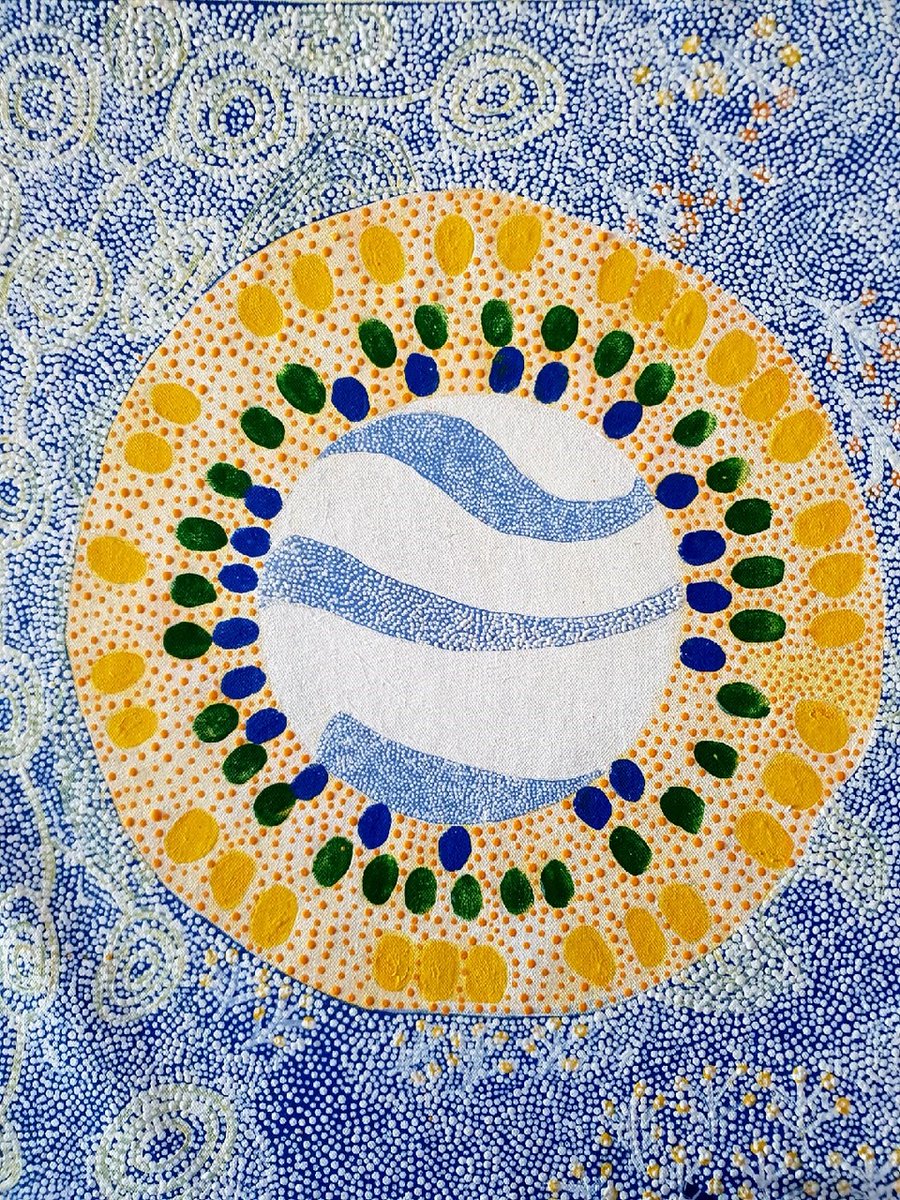 googleearth's tweet photo. At our #GEOWEEK19 booth, not only did we showcase what was new in #GoogleEarth and #EarthEngine, but also a special painting entitled "Ngurra" by Indigenous artist, Jill Churnside. It depicts Ngurra, her Ngarluma or language group country. https://t.co/WHwIQFsuK8