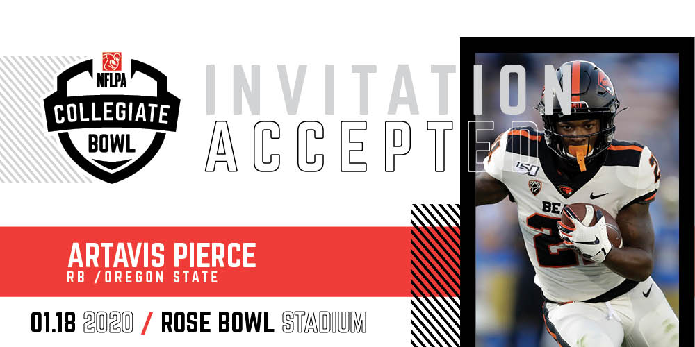 The NFLPA Collegiate Bowl (@nflpabowl) on Twitter photo Welcome to #Pasadena | The #NFLPABowl would like to welcome <a href="/BeaverFootball/">Oregon State Football</a> RB Artavis Pierce (<a href="/Ap_Juice2/">Artavis Pierce</a>).
A speedy back with burst, Pierce can run inside/outside and demonstrates excellent hands as a receiver. #GoBeavs #MakeYourMarkinLA Welcome to #Pasadena | The #NFLPABowl would like to welcome <a href="/BeaverFootball/">Oregon State Football</a> RB Artavis Pierce (<a href="/Ap_Juice2/">Artavis Pierce</a>).
A speedy back with burst, Pierce can run inside/outside and demonstrates excellent hands as a receiver. #GoBeavs #MakeYourMarkinLA