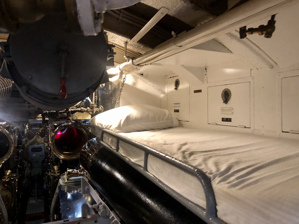 Recently visited a US WWII submarine. Things I learned: -built in ~6 months -only cooks got to shower regularly -powered by batteries & electric motor while underwater -torpedos would sometimes take circular runs and head back to the firing submarine! 👇👀torpedo under the bed!