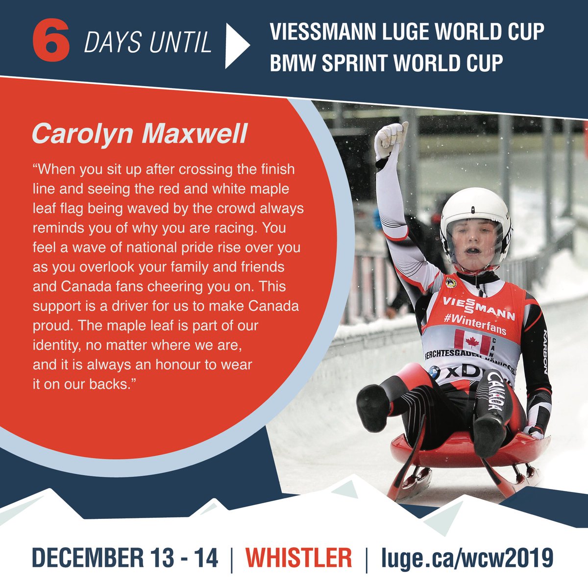 LugeCanada's tweet photo. Coming to the @viessmann Luge World Cup at @slidingcentre next week? @carolynkmax and the Canadian squad want to feel your national pride, seeing your hands in the air cheering on the red and white 🇨🇦! #WorldCup #6daystogo #luge #TeamCanada #chasingfast @FIL_Luge https://t.co/m5vouBtoh1