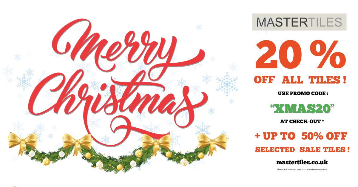 MasterTiles_'s tweet photo. Our Xmas #sale is now live online!
20% off all tiles and up to 50% off selected lines, use #promo code XMAS20 at checkout.
http//www.mastertiles.co.uk/
#mastertiles #mastertilesbrighton #mastertileshove #porcelain #ceramic #matttiles #glosstiles #featuretiles https://t.co/GYur1ttBV1