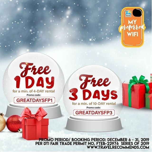 flytpack's tweet photo. Prepare for the Holidays and get your Flytpack WiFi now! Book your reservation at https://t.co/uph91Pmr9r now! 
Promo Mechanics:
1. Promo Period/ Booking Period: December 06 – December 31, 2019
2. Promo is open to all residents of the Philippines.
3. To avail of the promo, the … https://t.co/2H50d3wqx2