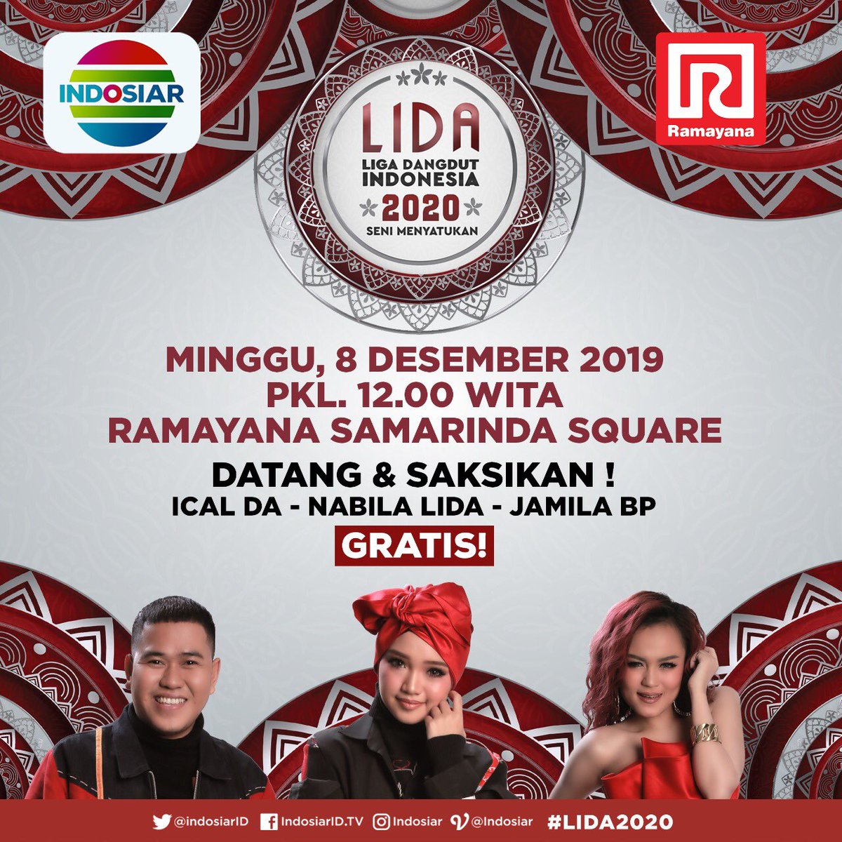 Indosiar's tweet photo. Hai-hai Samarinda #DemamLIDA kembali lagi! Yuk datang dan ramaikan Ramayana Samarinda Square Minggu, 8 Desember pukul 12.00 WITA. Akan ada penampilan dari Ical, Nabila dan Jamila. Tungguin kedatangan mereka yaa.. https://t.co/6Iyt38TpPy