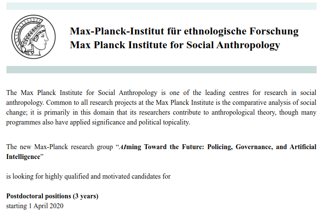 Are you interested in advancing the governance of #ArtificialIntelligence? This post-doc vacancy at the Max Planck Institute for #SocialAnthropology may be the right opportunity for you: recruitingapp-5034.de.umantis.com/Vacancies/379/… Deadline is January 20th, 2020 cc <a href="/maxplanckpress/">Max Planck Society</a>