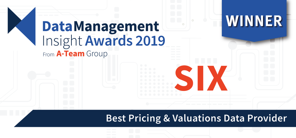 DataMgmtInsight's tweet photo. Congratulations to @Six; winner of the 2019 Data Management Insight Award for Best Pricing & Valuations Data Provider.
https://t.co/PyXamHYQYp #pricingdata #valuationsdata #DMIawards https://t.co/WCBUC44YL7