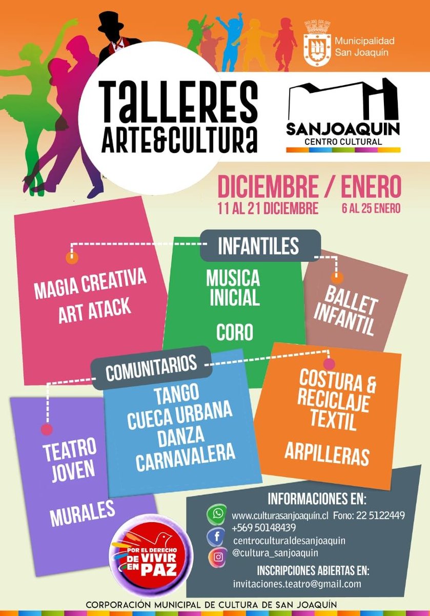 munisanjoaquin's tweet photo. Atención!!
Ya están abiertas las inscripciones para los Talleres de Arte y Cultura de Diciembre y Enero!! 🎭🎶🎨
Inscríbete en el correo: invitaciones.teatro@gmail.com
Info: 22 5122449 , +569 50148439 😉😉 https://t.co/pnTMCAl6BU