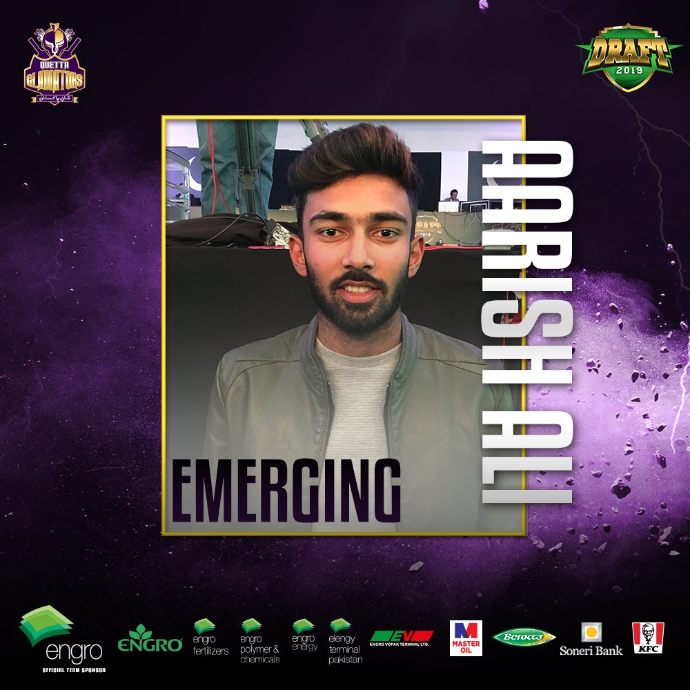 TeamQuetta's tweet photo. #EmergingCategory

Present you our Emerging star!! #AarishAliKhan in the #PurpleForce

#WeTheGladiators #HBLPSLDraft2019 https://t.co/aLk91cX1En