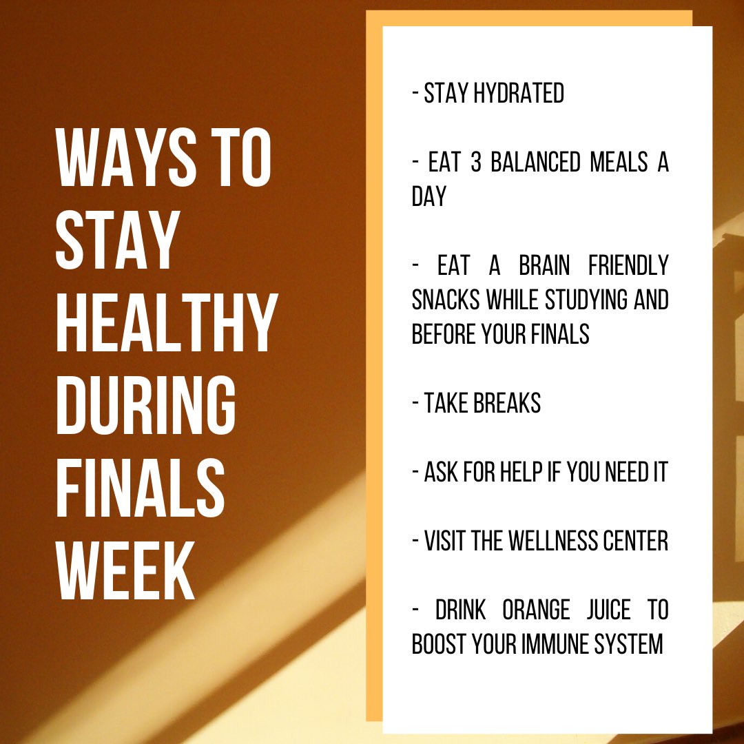 _SU_Activities's tweet photo. As you prepare for finals this weekend, hereβs some tips on how to stay healthy! We wish you the best of luck! #SUisHome π https://t.co/zhbyvtf3I3