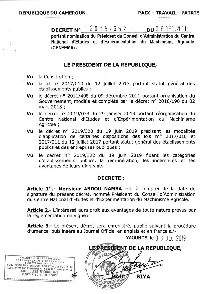 PR_Paul_BIYA's tweet photo. Monsieur Abdou Namba est à compter du 6 décembre 2019, nommé Président du Conseil d'Administration du Centre National d'Etudes et d'Expérimentation du Machinisme Agricole.
#PaulBiya
#Cameroun https://t.co/KJnZi6hcS0
