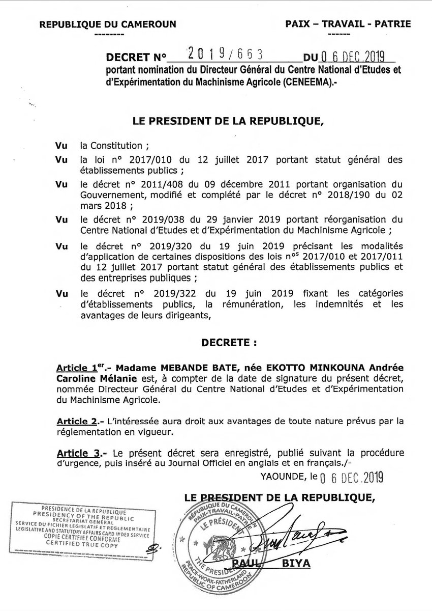 PR_Paul_BIYA's tweet photo. Madame Mebande Bate, née Ekotto Minkouna Andrée Caroline Mélanie est à compter du 6 décembre 2019, nommée Directeur Général du Centre National d'Etudes et d'Expérimentation du Machinisme Agricole.
#PaulBiya
#Cameroun https://t.co/mgJ6vppxPl