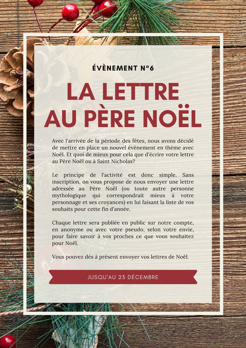 lettersrpdm's tweet photo. ✉ SIXIÈME ÉVÈNEMENT ✉

Pour fêter Noël, on vous propose une activité d'écriture de lettres : la lettre au Père Noël. Informations ci-dessous + questions en DM.

Vous avez jusqu'au 23 décembre pour participer, sans inscription.

↻ rt appréciés. https://t.co/Z4fEsDq7gl