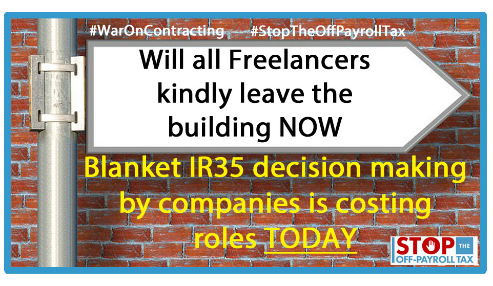 This just isn't on!

<a href="/hmtreasury/">HM Treasury</a> #IR35 impact assessment review stated they "didn't expect companies to make blanket decisions"

Yet this is EXACTLY what is happening RIGHT NOW

<a href="/sajidjavid/">Sajid Javid</a> what are you going to do to protect freelancers from this please?

ANYTHING?

#GE2019