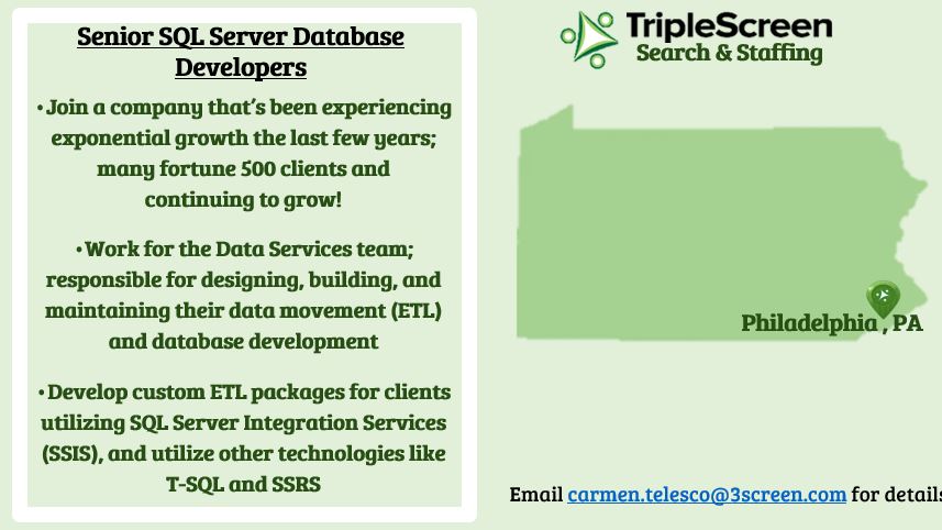 TripleScreen1's tweet image. Looking for a couple experienced #SQLServer, #DatabaseDevelopers, for a fin-tech client in #Philly that's been moving even farther up in their industry! Email carmen.telesco@3screen.com for more info!  #triplescreenstaffing #TechNews #phillytech #ETL #ssis #dataservices