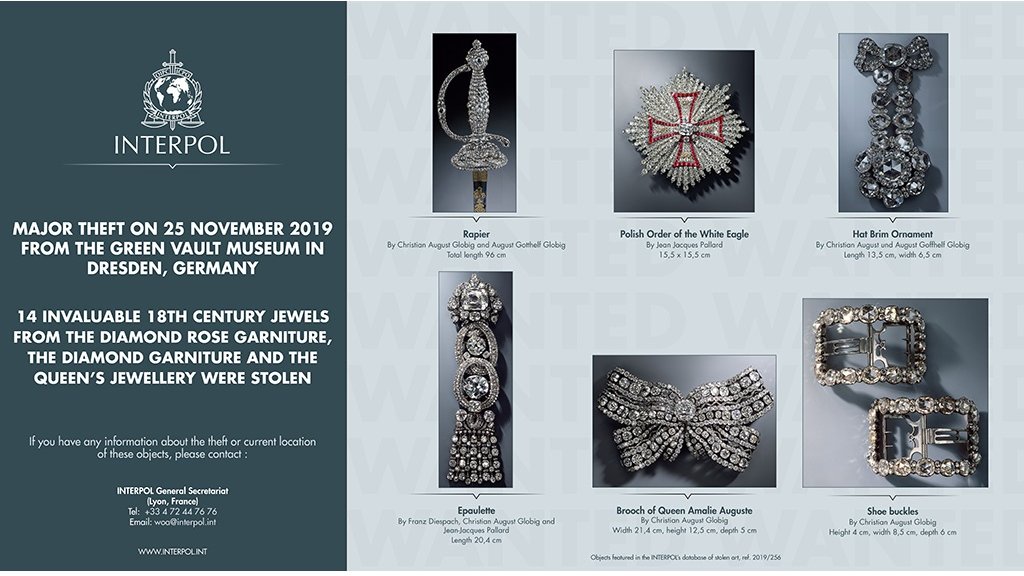 WANTED: Priceless diamond objects have been stolen from the #GrünesGewölbe museum in Dresden, #Germany.

Have you seen them?

See details, and how you can help -> interpol.int/en/News-and-Ev…