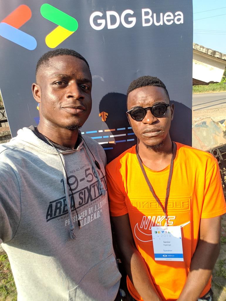 FonkamL's tweet photo. At #DevFestBuea, selfie with @ngenge_senior after  building some user interfaces of peer-learning app. #siliconmountain #flutter #wtmbuea #ActiveSpace #devfest https://t.co/JkAgE3Yikm