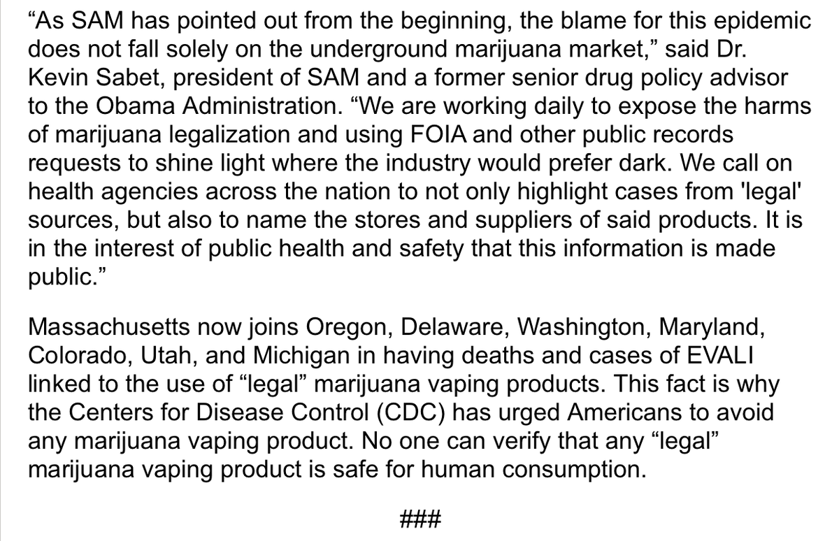 learnaboutsam's tweet photo. Following the submission of a FOIA request by SAM, Massachusetts health officials confirmed that six patients in the state suffering from the vaping illness reported using marijuana products from “legal” dispensaries in the state.

Our statement: https://t.co/AkcQpPrHvq
