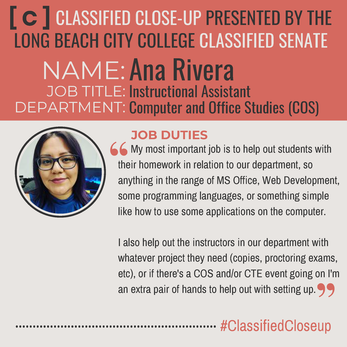 CSenate_LBCC's tweet photo. Happy Friday! The @LBCityCollege Classified Senate would like to recognize Ana Rivera for our first edition of #ClassifiedCloseup. Find out more about Ana's awesomeness and what she loves about working at LBCC at https://t.co/rmxoeUsHzZ https://t.co/SW8ANgMYdU