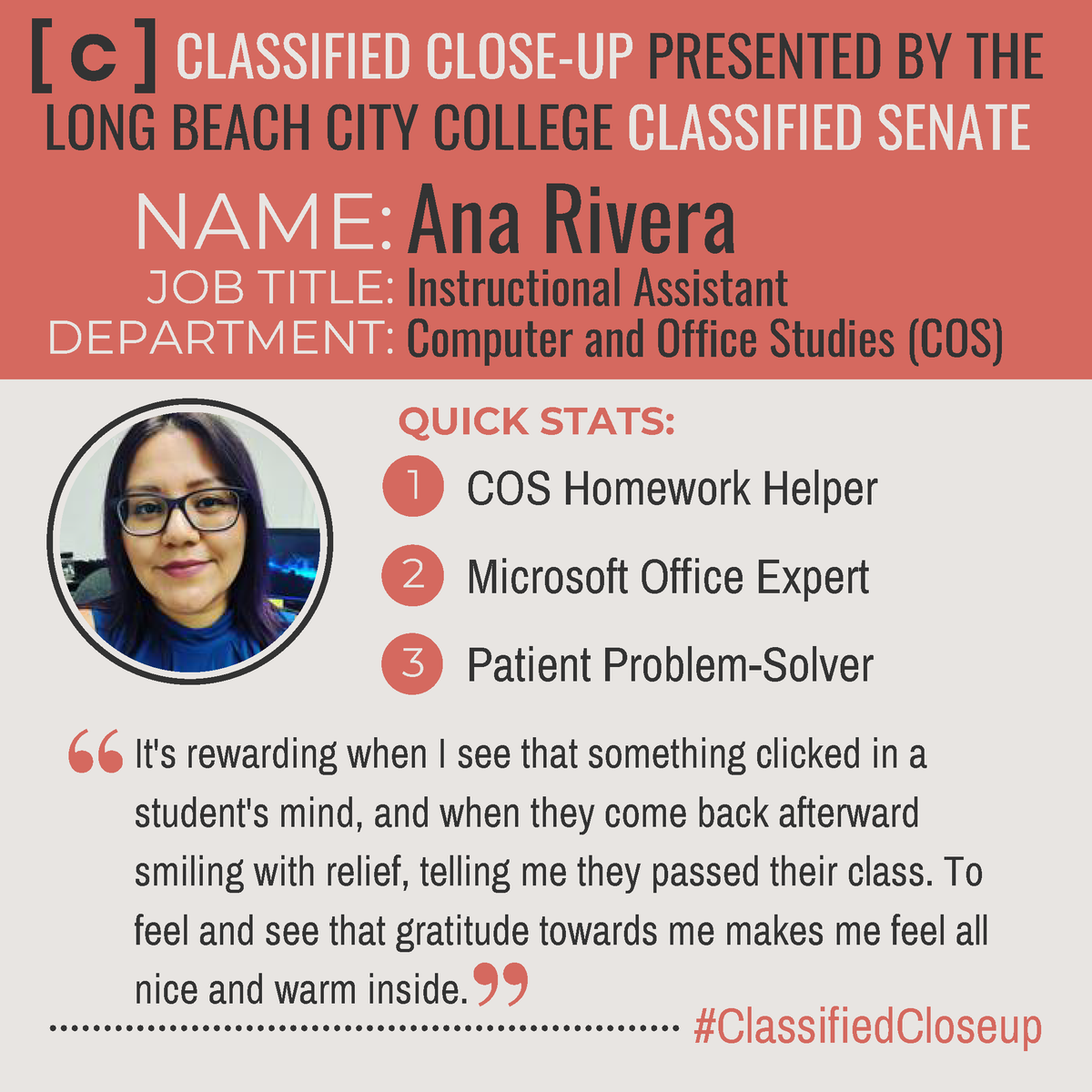 CSenate_LBCC's tweet photo. Happy Friday! The @LBCityCollege Classified Senate would like to recognize Ana Rivera for our first edition of #ClassifiedCloseup. Find out more about Ana's awesomeness and what she loves about working at LBCC at https://t.co/rmxoeUsHzZ https://t.co/SW8ANgMYdU