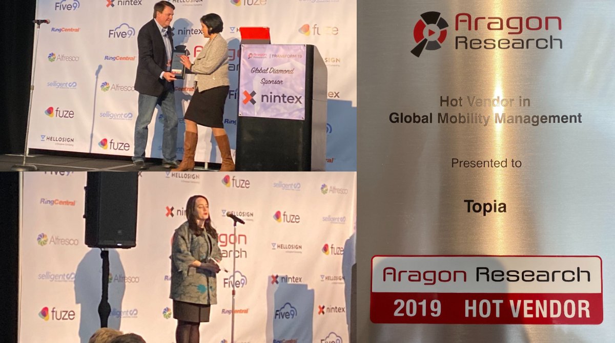 Topia_Official's tweet photo. We had a busy night at @AragonResearch1’s Transform awards event🏆

Topia’s CMO, @nmirchi, took the stage at #AragonTransform19 to accept the Hot Vendor 2019 award for global mobility management. And, our very own, @effsf took home a #womenintech19 award! https://t.co/T7qUmiXAJm
