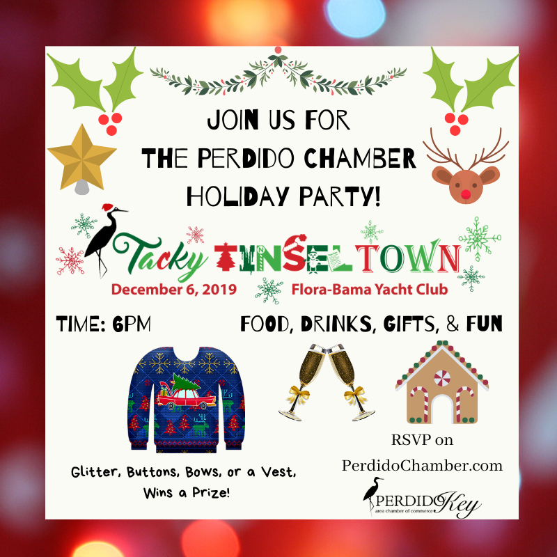 ChamberPerdido's tweet photo. The Annual Tacky Sweater Holiday Party is TONIGHT at the @Flora-Bama Yacht Club!! Get ready for some fun games, food, and drinks with your favorite chamber members! Don't forget your tackiest holiday attire for a chance to win!! https://t.co/D4snWv5oMu