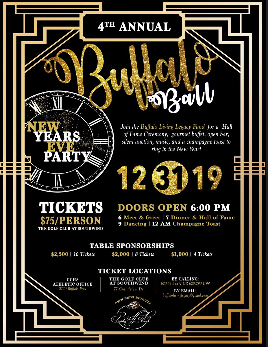 Make plans now to attend Garden City's hottest New Year's Eve party!

The 4th annual Buffalo Ball, on December 31, 2019, at the Golf Club at Southwind. Tickets for the event are $75 and will include gourmet buffet, entertainment, and a champagne toast to ring in the New Year.