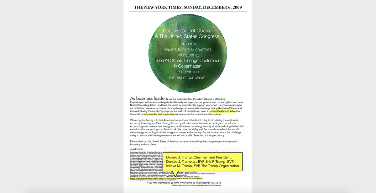 10 years ago today, President Trump and his family lobbied President Obama in a New York Times ad to act on the climate crisis.