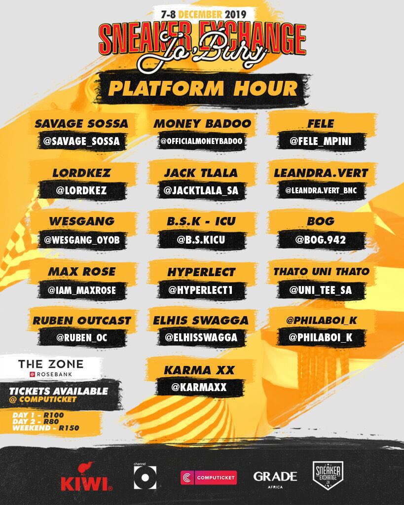 SXC_ZA's tweet photo. A big thanks to everyone who submitted tracks for the #PlatformHour ππ½π It was not an easy process and we wish we could have chosen everyone!
Here are the finalists ππ½See you guys at The Zone @ Rosebank! Tickets will be available at the door.
#SXCJHB #SXCZA https://t.co/cTEVpQvgUZ