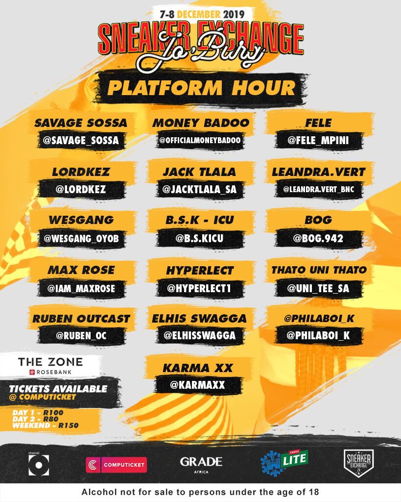 SXC_ZA's tweet photo. A big thanks to everyone who submitted tracks for the #PlatformHour ππ½π It was not an easy process and we wish we could have chosen everyone!
Here are the finalists ππ½See you guys at The Zone @ Rosebank! Tickets will be available at the door.
#SXCJHB #SXCZA https://t.co/cTEVpQvgUZ