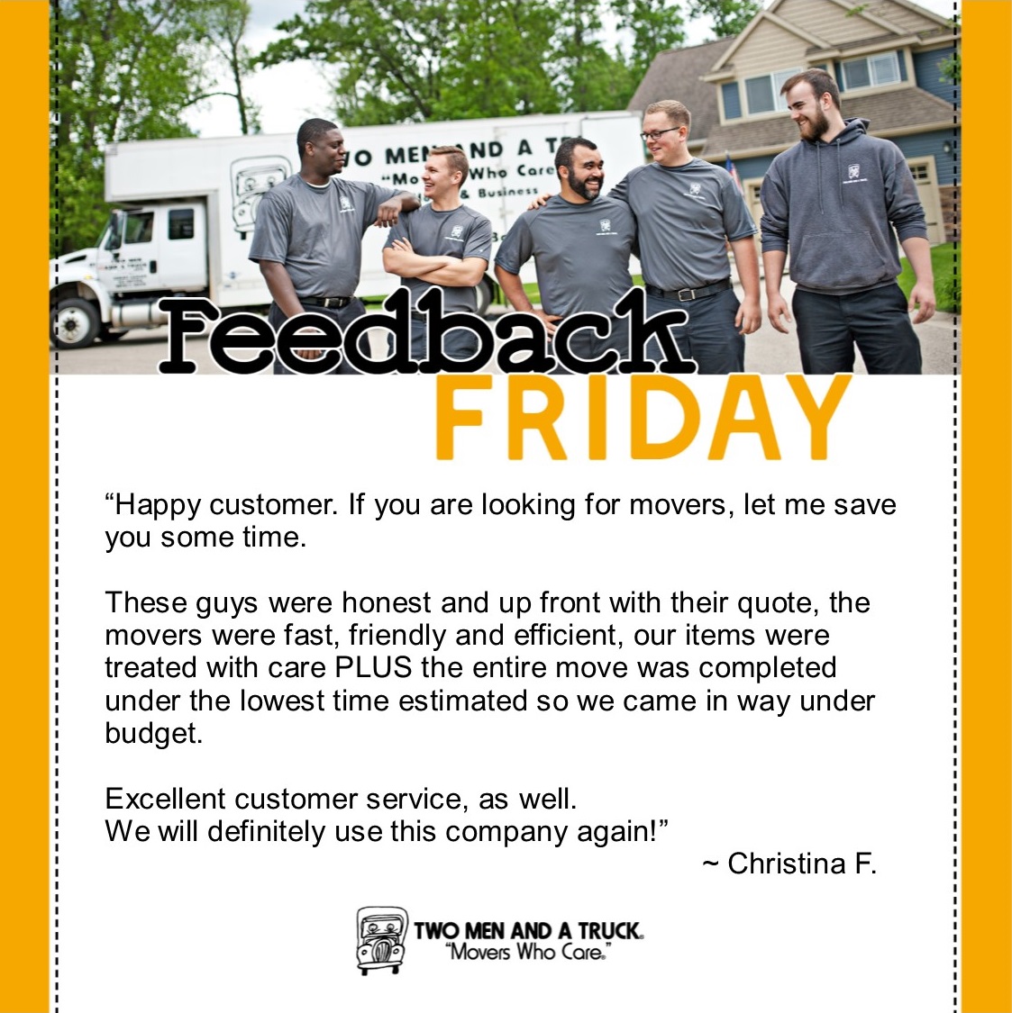 TwoMenCC's tweet photo. We greatly appreciate the feedback, Christina! We hope to work with you again!

#FeedbackFriday #MoversWhoCare #MovingPeopleForward https://t.co/9Ha8XXpbYg
