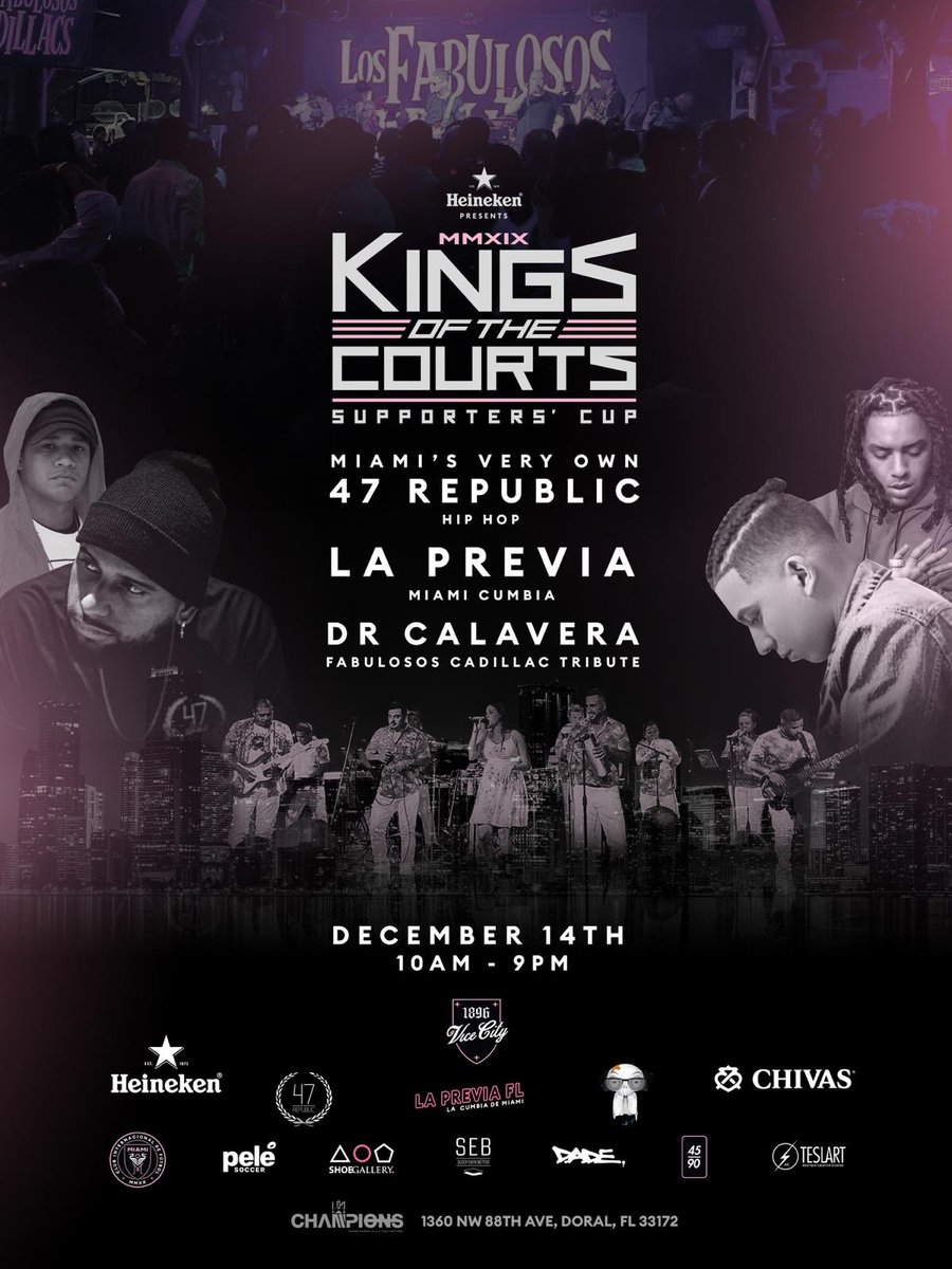 Our #KingsOfTheCourts2019 fútbol tournament is just 8 days away and we are proud to announce our musical entertainment Miami’s very own <a href="/47Republic/">47 Republic</a> <a href="/LaPrevia_FL/">LaPreviaFL</a> and #DRCalavera (los Fabuloso tribute)will be performing Dec 14th! >>RSVP NOW<< #HipHop #Cumbia eventbrite.com/e/kings-of-the…