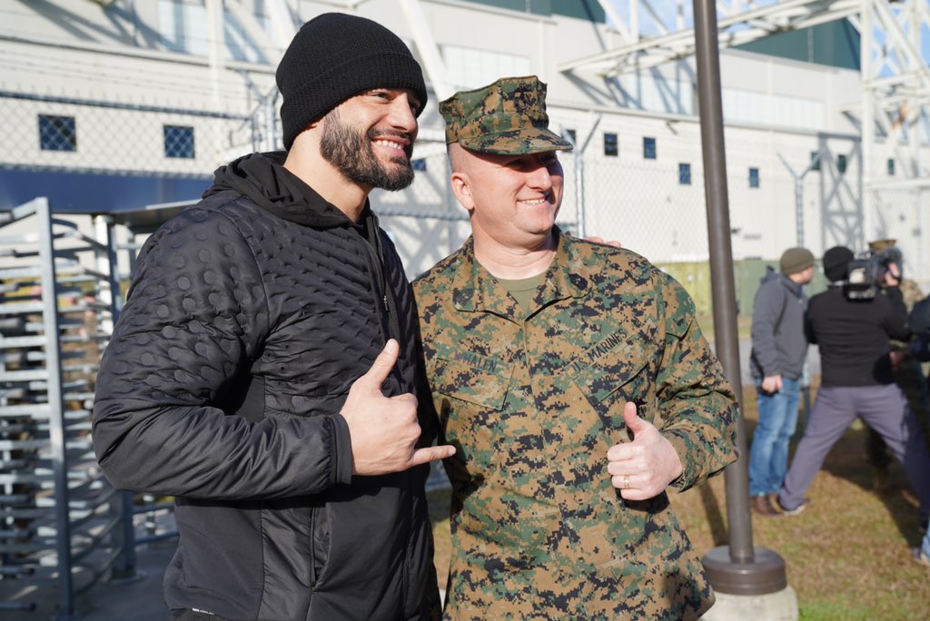 Before tonight’s episode of #SmackDown, <a href="/WWERomanReigns/">Roman Reigns</a>, <a href="/DanaBrookeWWE/">Dana Brooke</a>, <a href="/WWEBigE/">Ettore “Big E” Ewen</a>, <a href="/TrueKofi/">Kofi Kingston</a> &amp; @HeathSlaterOMRB visited @Camp_Lejeune and took part in some <a href="/USMC/">U.S. Marines</a> activities! #Troops <a href="/MCASNewRiver/">MCAS New River</a> <a href="/DeptofDefense/">Department of Defense 🇺🇸</a>