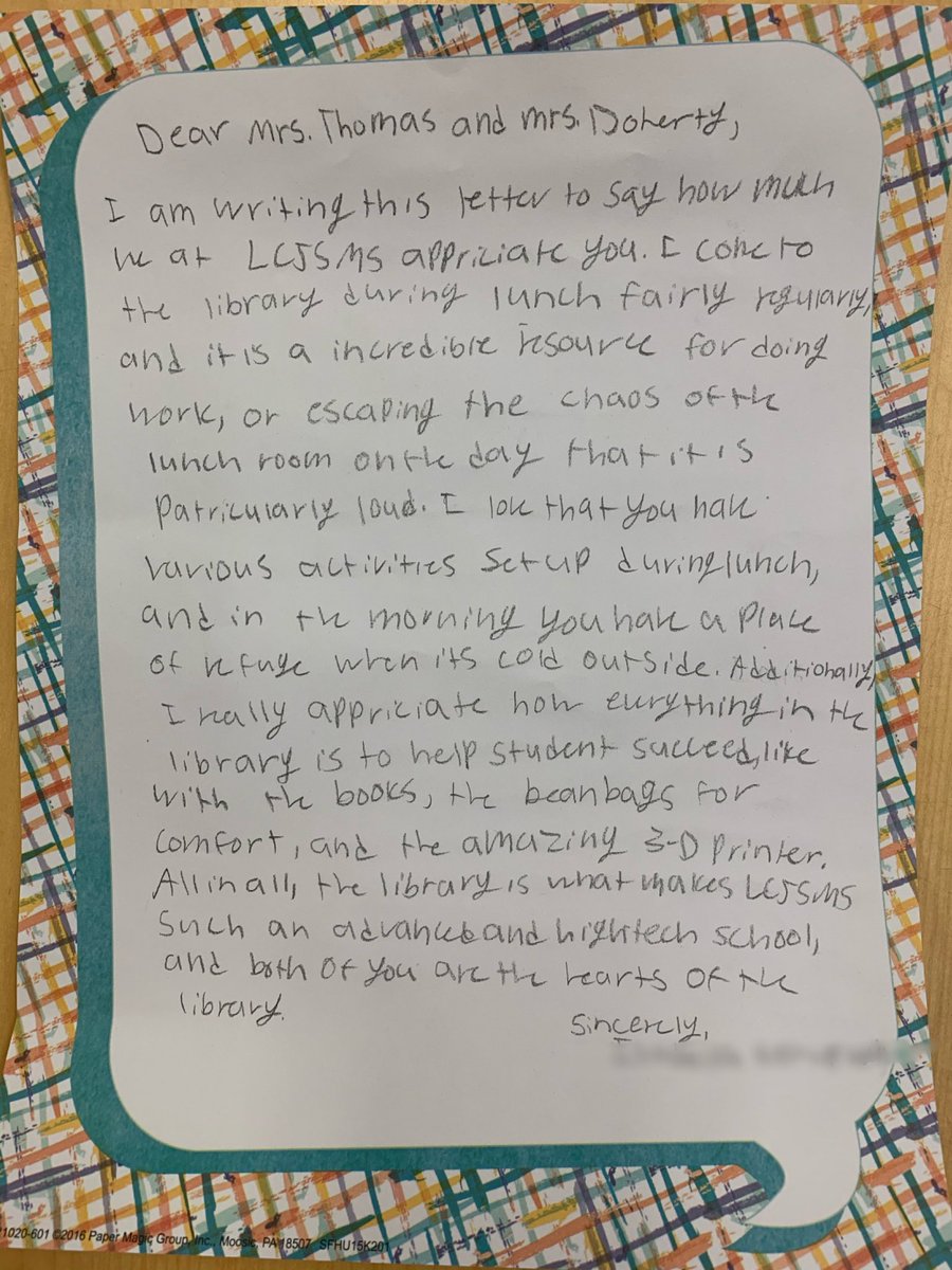 We were completely floored when we received this letter from an 8th grader today. You never think students really know all that you do. Whenever we have a challenging day, we will think of this letter. #grateful #lcjsms