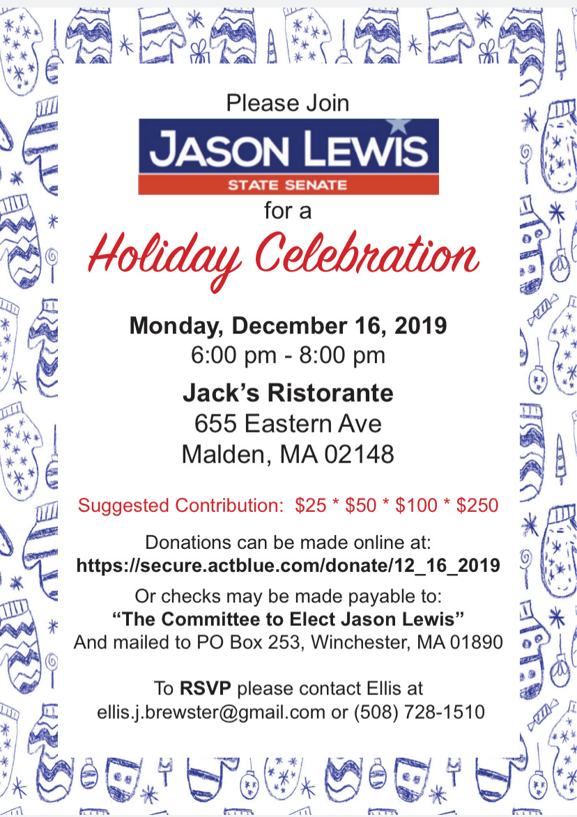 WakefieldDems's tweet photo. Join @SenJasonLewis for a Holiday Celebration on 12/16 at Jack’s Ristorante in Malden! #wakefieldma https://t.co/VmvRggG7vQ