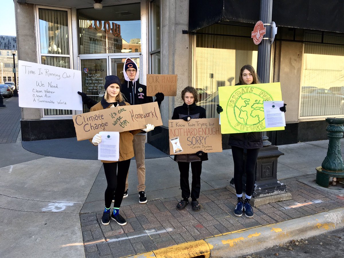 JanetteD's tweet photo. It’s #TimeForAction say the youth &amp; their allies in the global #ClimateStrike again today, December 6, 2019.

Climate law, not change.
We’re missing our lessons to teach you one!
I know you’re trying, but not hard enough—SORRY.

#FridaysForFuture #ClimateStrike #LaCrosseWI #COP25 https://t.co/37drdcyYCF