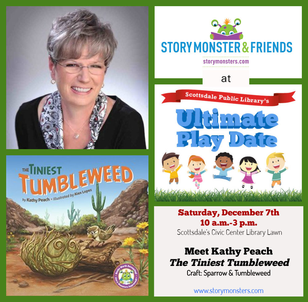 Meet Kathy Peach, author of 'The Tiniest Tumbleweed' at the Story Monster & Friends booth. Make your own sparrow and tumbleweed craft at the Ultimate Play Date tomorrow, December 7th from 10 a.m. to 3 p.m. 

#caughtreading #arizonaauthor #kidlit #tumbleweed #kidlit #free #event