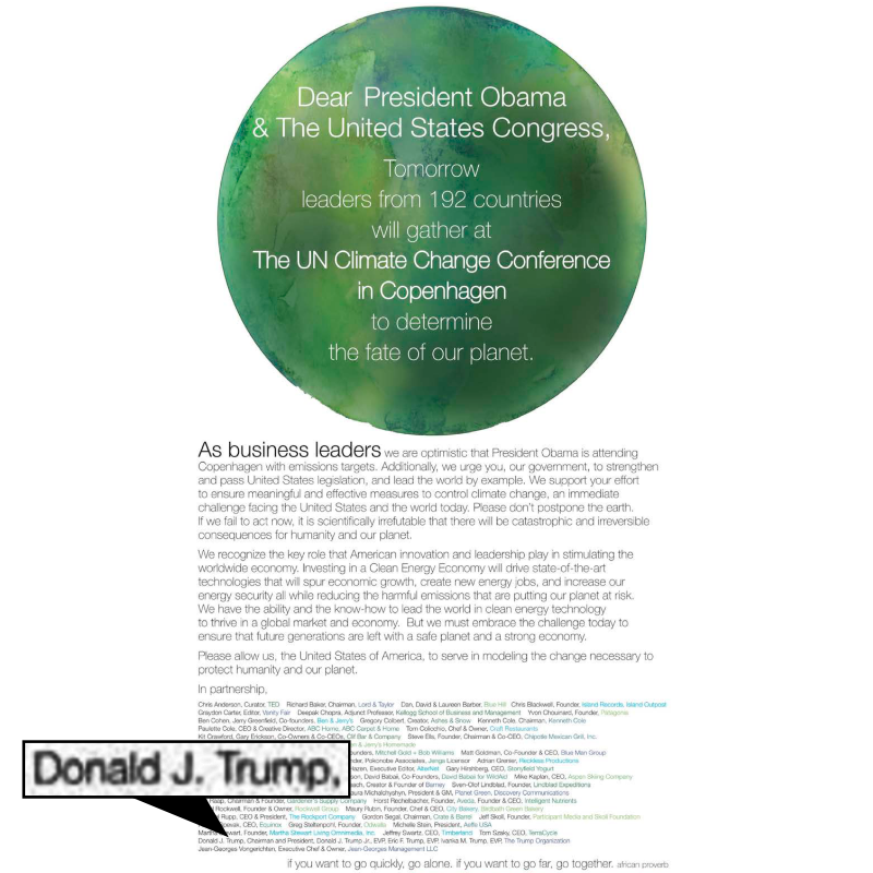 amyklobuchar's tweet photo. Ten years ago today, Donald Trump signed on to a full-page ad in the New York Times urging President Obama to “lead the world by example” and act on climate change. 

Now, he’s pulling out of the international climate agreement. #2009vs2019 https://t.co/qbCAqM1n0B