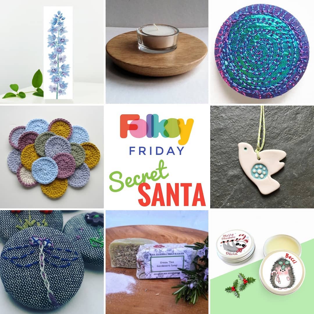 folksy's tweet photo. Lovely Secret Santa #folksyfriday compiled by @CDoveJewellery with little gifts you can bag for a fiver or less on Folksy. Featuring 
delphinium bookmark @AliceMillin
embroidered pocket mirror @SueTrevor3 
Scandi dove @DesignsEleanor 
Dragonfly brooch @BeadieEyedEdie 
and more... https://t.co/SrCHVFZZuc