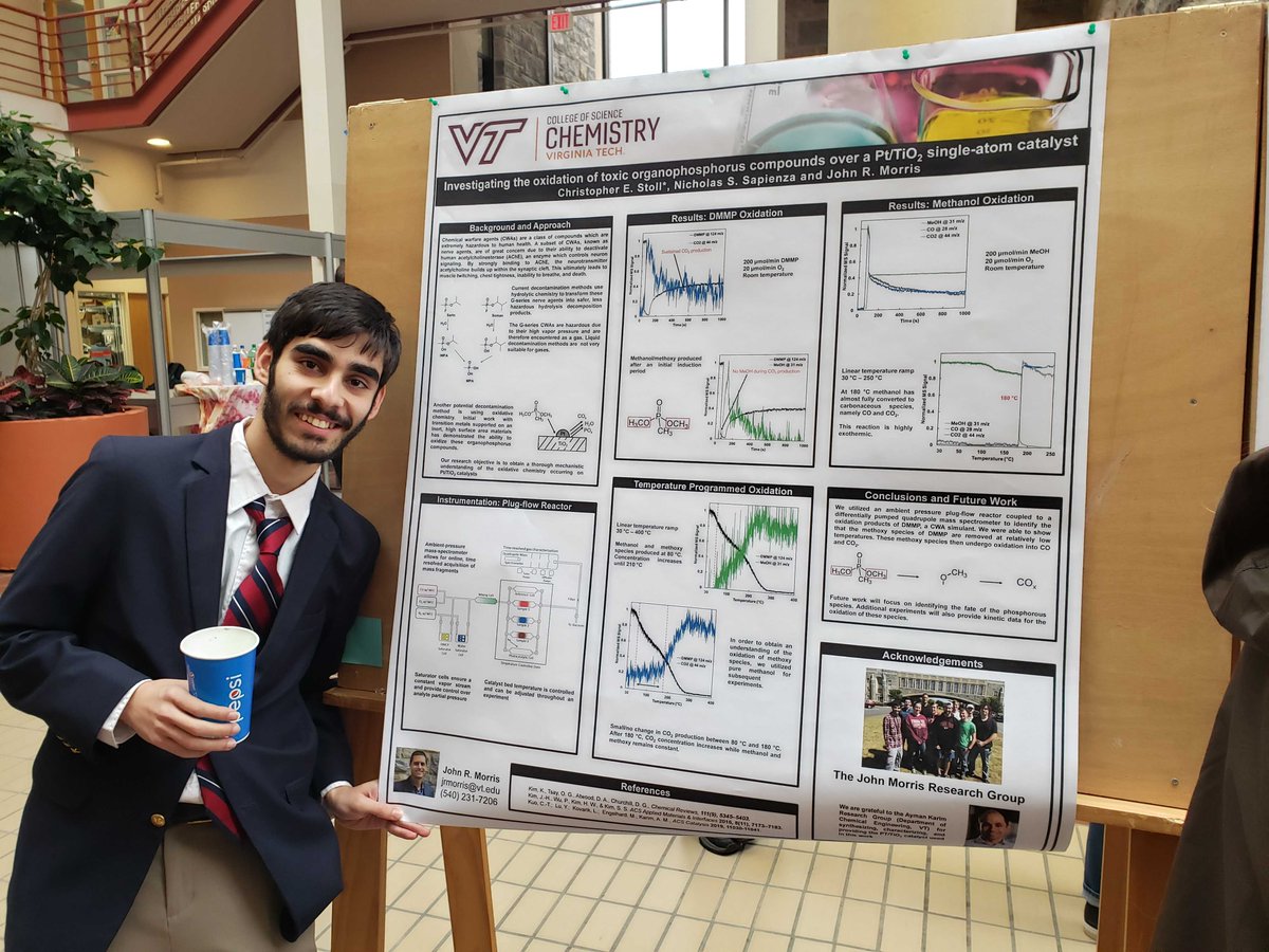 JMorrisLabVT's tweet photo. Great poster presentations today from undergraduates Anna Falls and Chris Stoll on their research! Anna has been studying metal-support interactions on supported metal nanoparticles and Chris has been studying catalysis on similar materials to decompose chemical warfare agents. https://t.co/6Ix19pB53s