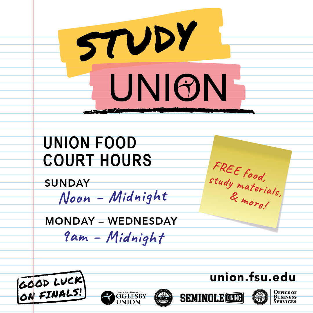 FSUStudentUnion's tweet photo. Need a space to study this finals week? Come camp out at the Union! 

The Union Food Court will be open from noon to midnight on Sunday, and 9am to midnight from Monday - Wednesday. Stop by for free food, study materials, &amp; more! #StudyUnion https://t.co/5ynOPONqhy