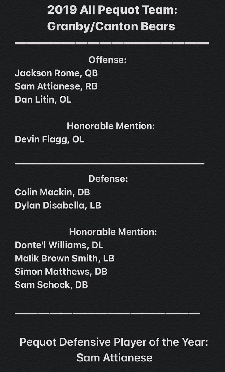 GMHSFootball860's tweet photo. Congratulations to the following members of the All Pequot Team from the Granby/Canton Bears. We couldn’t be more proud of these young men.

 ⬇️ ⬇️ ⬇️ ⬇️ ⬇️ ⬇️ https://t.co/eAQpDRsbMh