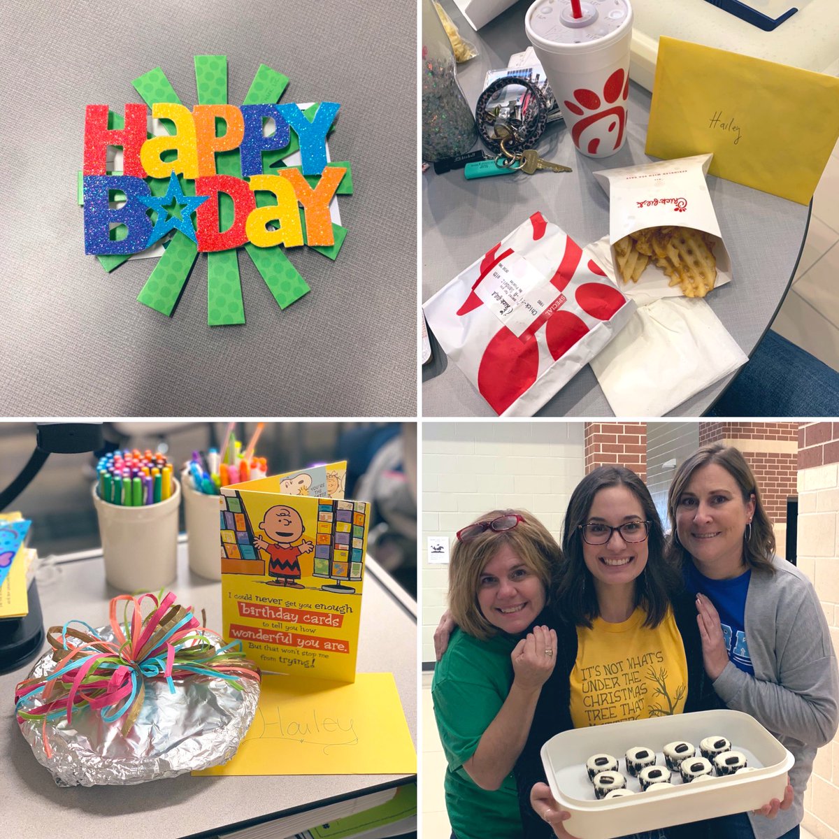 HailzCavanaugh's tweet photo. You all know how to make a girl feel loved 🧁 treated to some breakfast tacos, sweet treats, homemade pie and cheesecake, coffee, and Chick-fil-A! Love you all!! #ClarkConnects https://t.co/mF4ec0D5cE