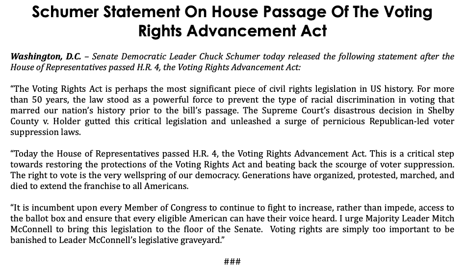 Senate Democratic Leader Chuck Schumer today released this statement after the House of Representatives passed H.R. 4, the Voting Rights Advancement Act.