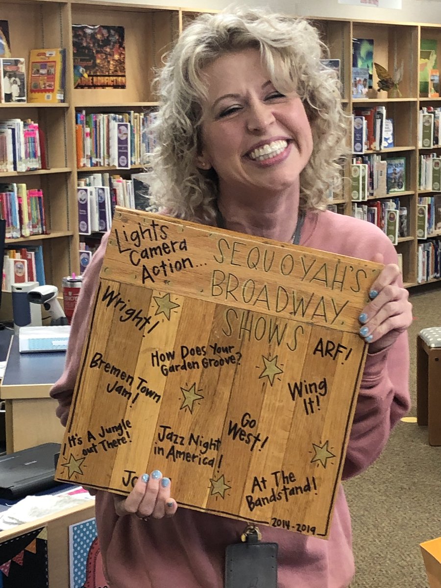 SeqElem's tweet photo. Happy Birthday to our AMAZING music teacher Ms Curlin.! Today she was presented a piece of the old Sequoyah stage with the titles of all the musicals she teaches to our students. https://t.co/CCF9pEAsmq