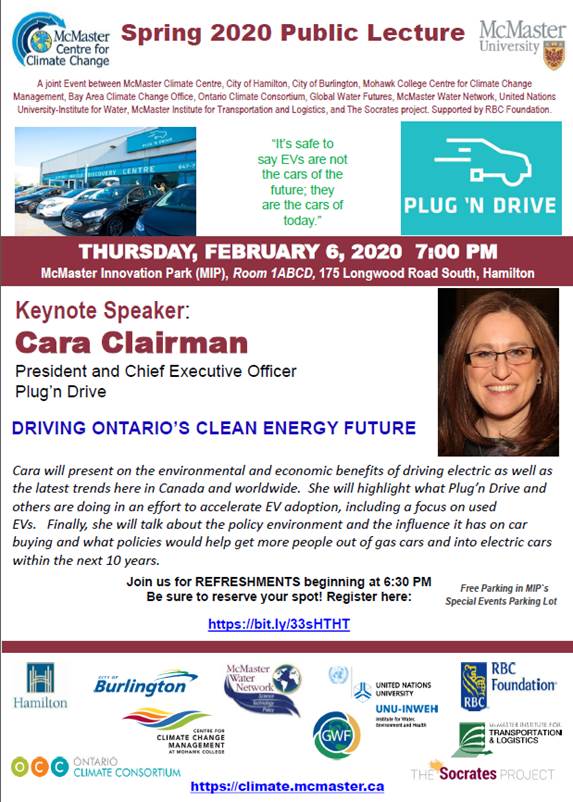 <a href="/CaraClairman/">Cara Clairman</a> of <a href="/PlugN_Drive/">Plug'n Drive</a> will be giving an exciting public lecture on the environmental and economic benefits of electric vehicles on February 6th at 7:00pm at McMaster Innovation Park (MIP). Come join us!
Register for the event here: bit.ly/33sHTHT