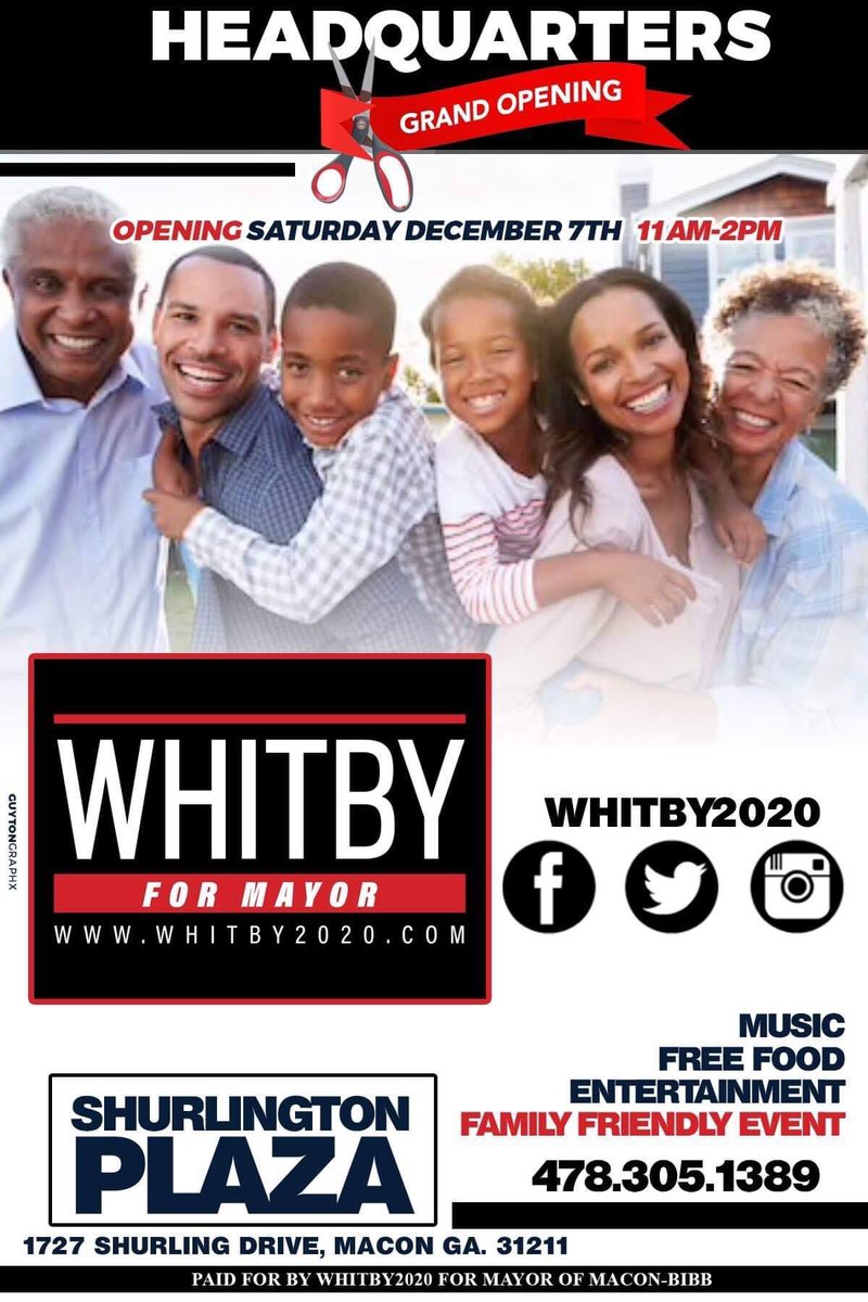 whitby2020's tweet photo. The Whitby for Mayor of Macon - Bibb 2020 launched on October 4, 2019 and the momentum has continued to build.Join us we open our official campaign headquarters,Saturday, December 7th, 11-2pm, 1727 Shurling Drive, Macon GA 31211. This is a family friendly event! #Whitby2020 https://t.co/xz4Qj4k639