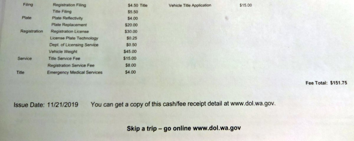 PROCHADMARTIN's tweet photo. This is why WA voters used their voice, but the #left has never found a tax they dont like! This is a 2006 vehicle, after the $30 tabs, they add $121 in fees, #ridiculous #TimEyman was right on with #I976 - Need to get rid of activist judges! -https://t.co/Ows0pwFToV - #MAGA https://t.co/MSCOeerRup