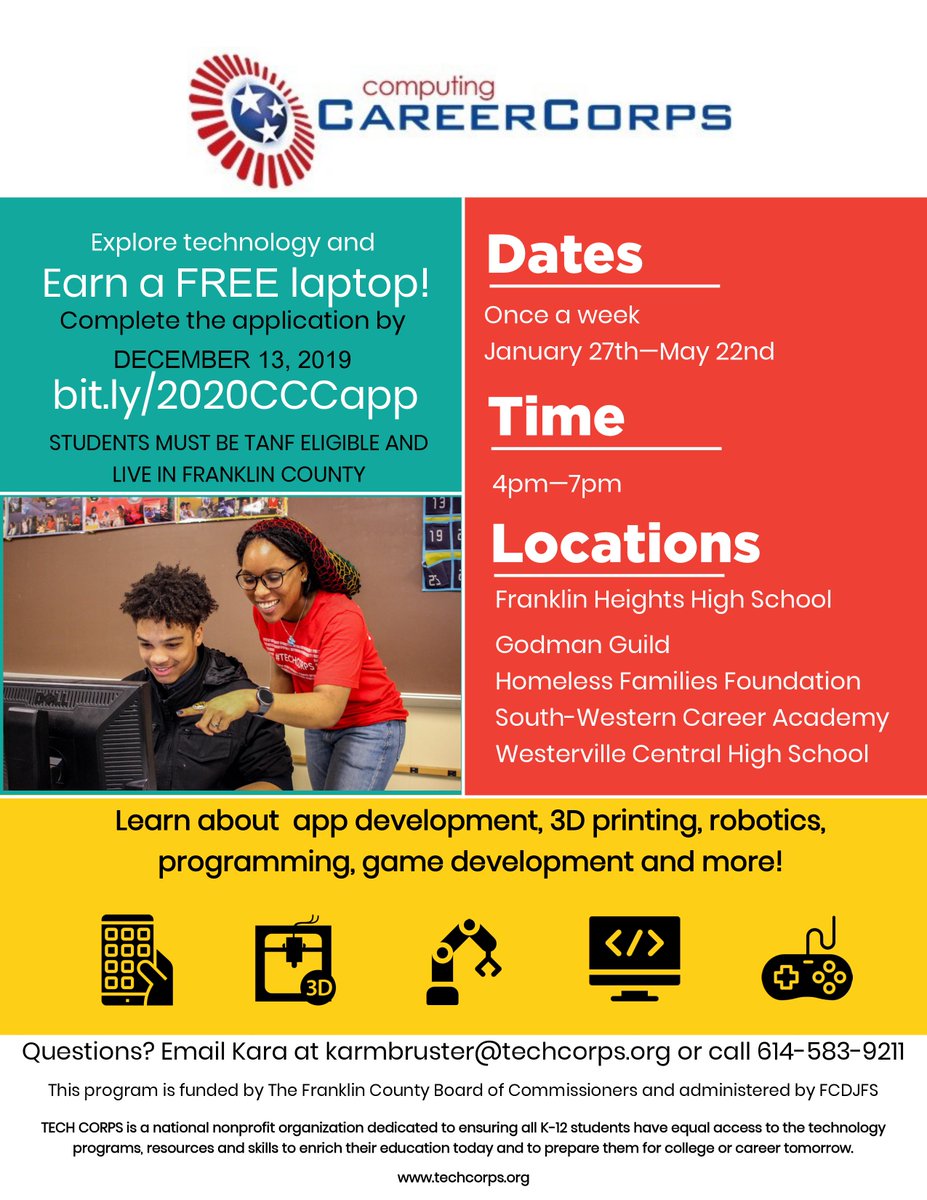 techcorpsus's tweet image. We have a FREE opportunity for high schoolers to learn about game and app development, robotics, programming and more! Applications for #ComputingCareerCorps are now open! Apply today at bit.ly/2020CCCapp. @FranklinCoOhio @FranklinCoJFS
