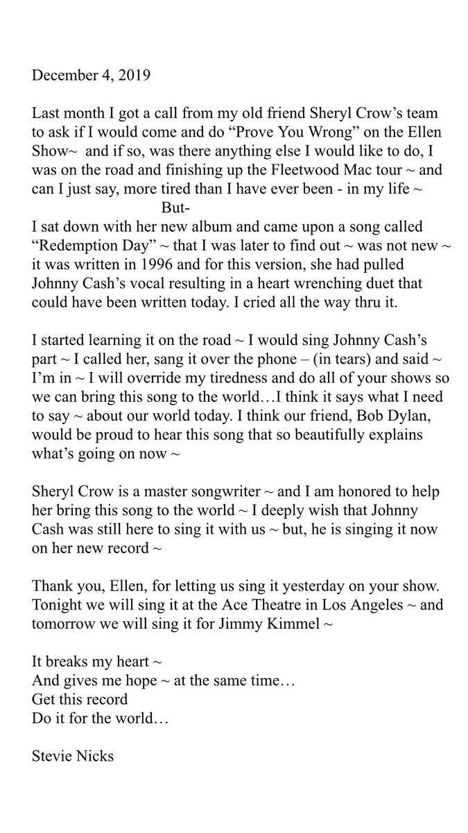 StevieNicks's tweet photo. Watch Sheryl Crow &amp; Stevie’s performance here: https://t.co/llLQwHFKDW

Watch Sheryl Crow &amp; Johnny Cash’s version here: https://t.co/iOALNfF6To https://t.co/RrXw3M6mBR