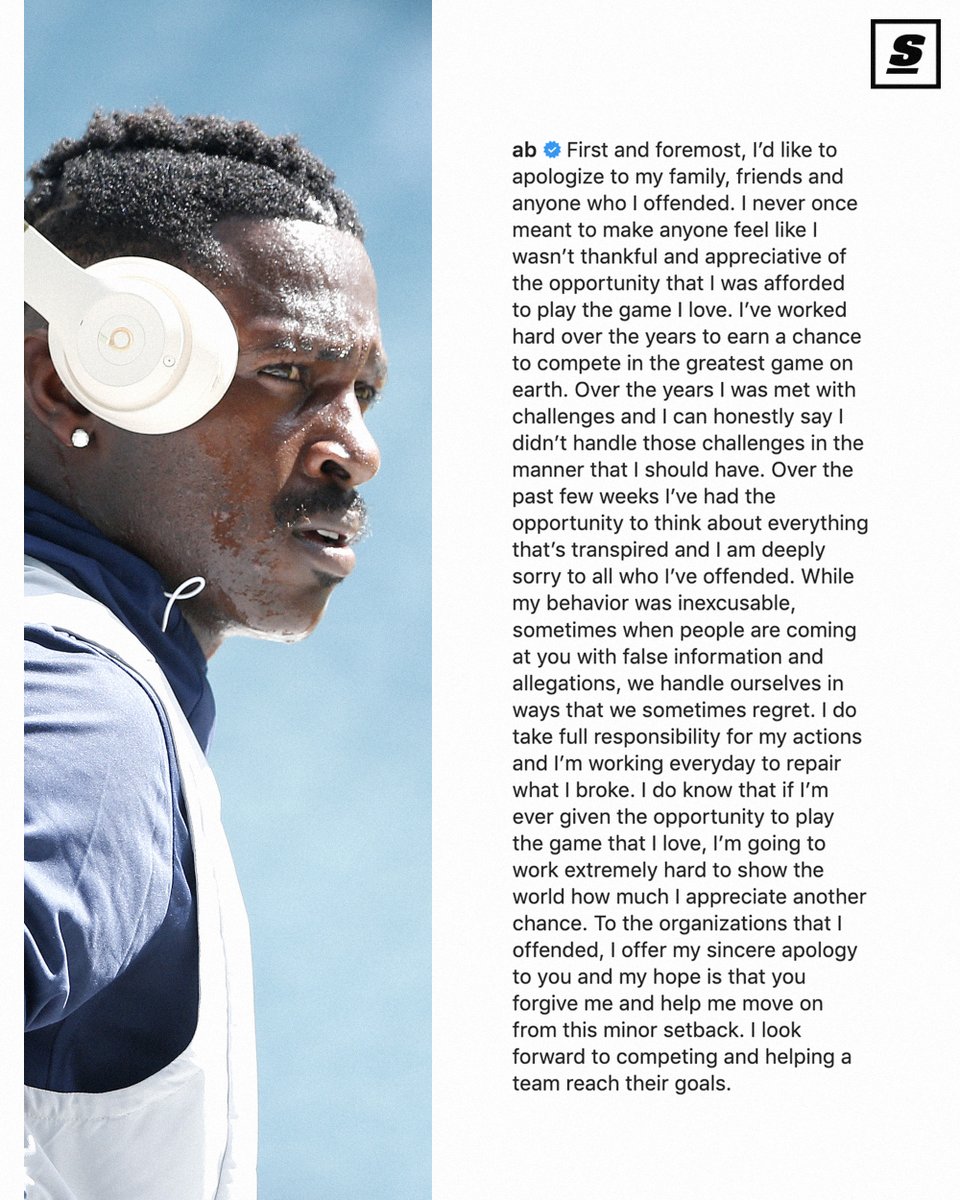 theScore's tweet image. Antonio Brown offers wide-ranging apology. thesco.re/2rljtD1